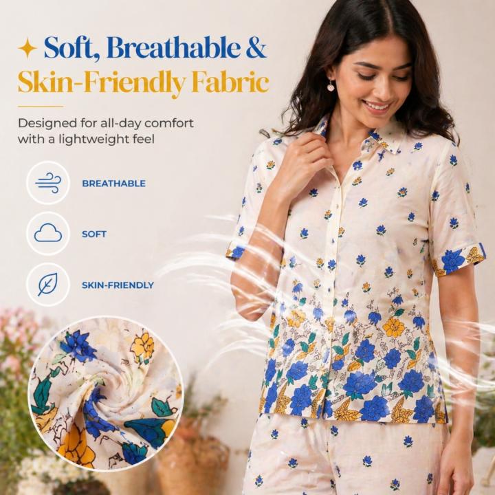 Blue Floral Printed Night wear Kurta Pajama